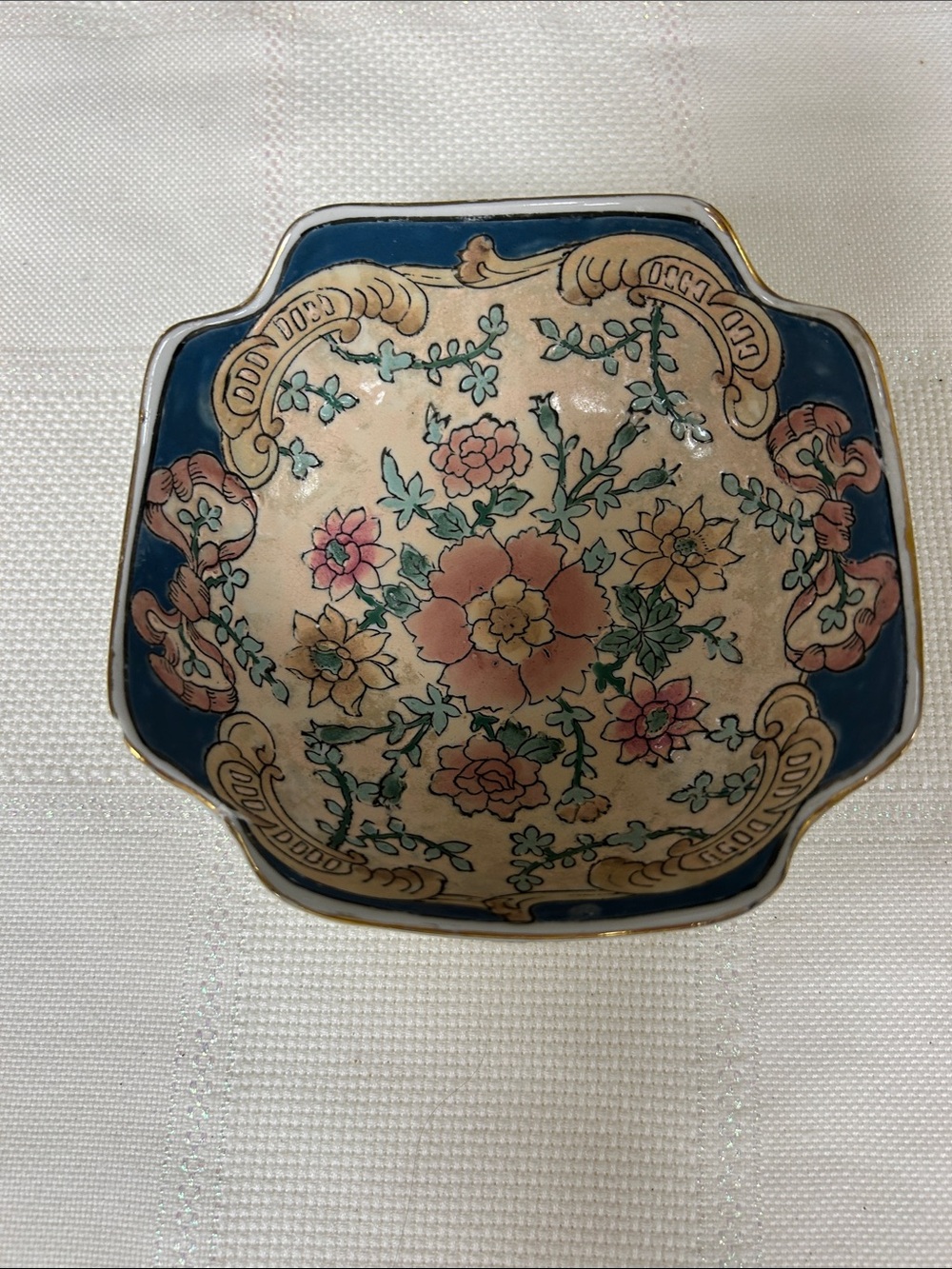 Floral Porcelain Decorative Dish in Blue and Pink